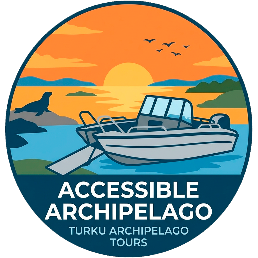 Accessible Archipelago — logo: vene ramppeineen auringonlaskun saaristomaisemassa